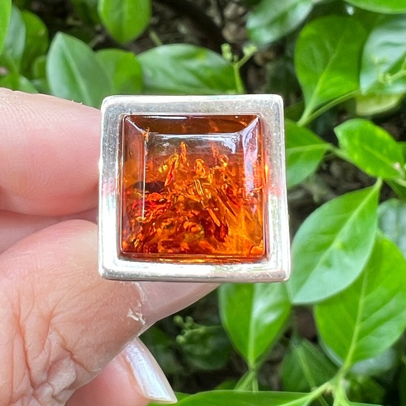 VINTAGE LARGE MODERNIST STATEMENT DESIGNER AMBER RING 925 STERLING SILVER